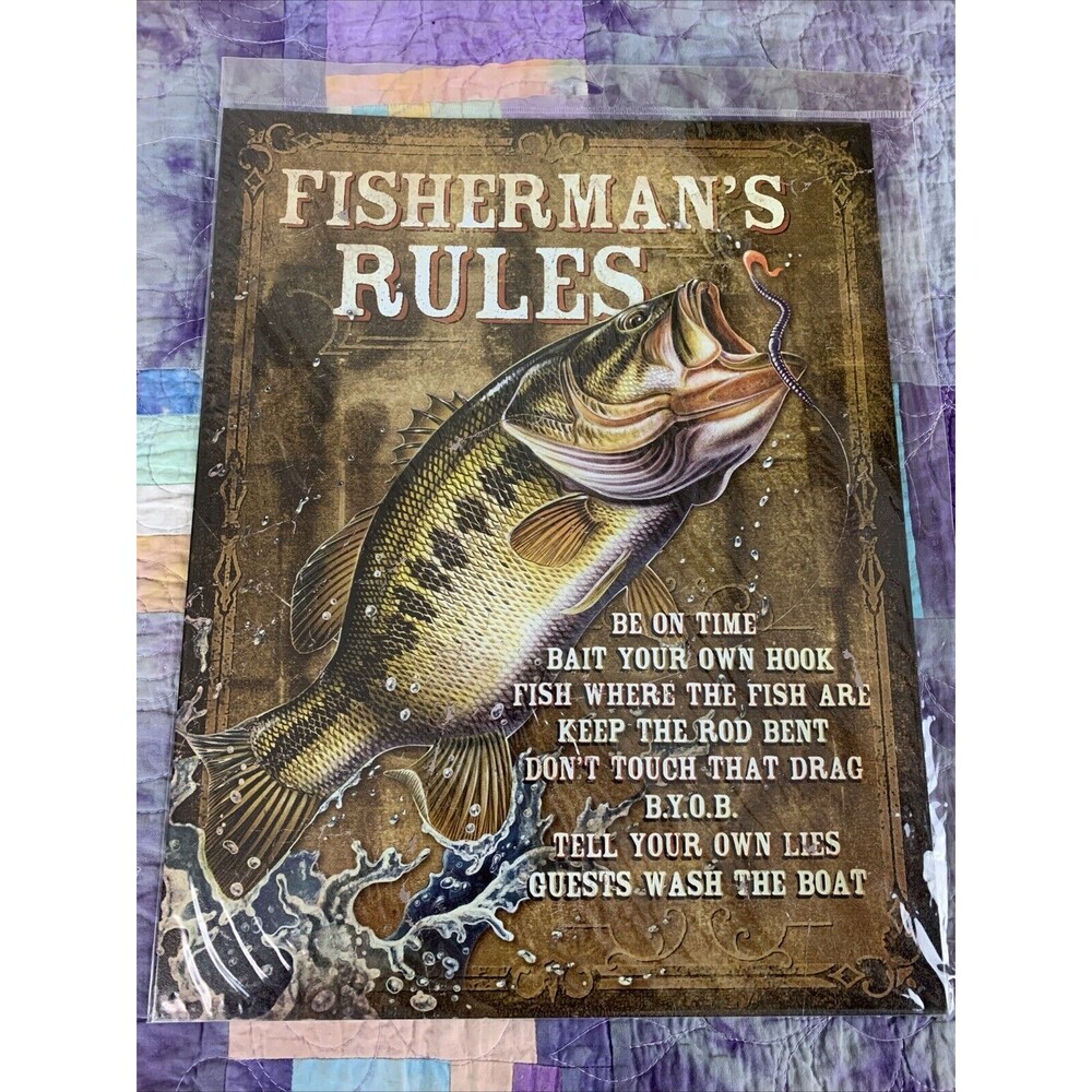 Fisherman’s Rules Metal Sign 12.5" X 16" Man Cave Garage Wall Decor Shop Fishing - Picture 1 of 3